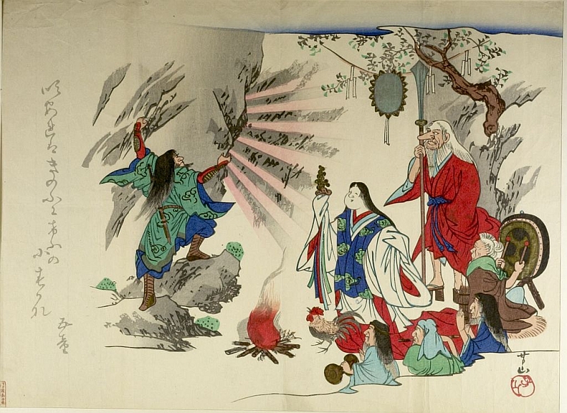 Impresión que muestra a los kamigami fuera de la Cueva de las Rocas Celestiales tratando de hacer salir a Amaterasu. Obra de autor desconocido del período Edo. 