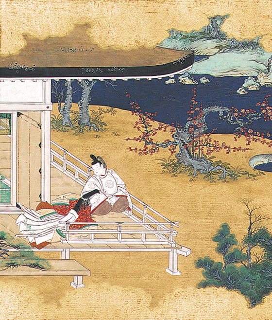 Ilustración del capítulo 6: "La flor de azafranillo", en referencia a una princesa de la que se enamoró Genji.
