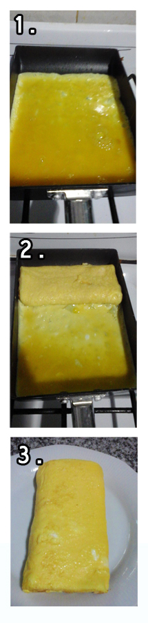 Para el tamagoyaki: 1. y 2. Preparación de Tamagoyaki 3. Una vez preparado el tamagoyaki, cortar cada 1 cm. Fotos: Alejandra Oka